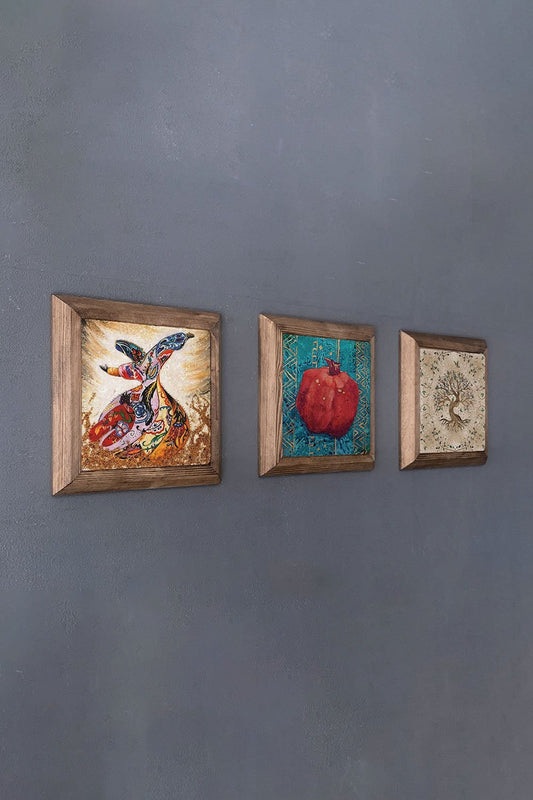 Solid (Wooden) Framed Set of 3 Stone Painting Panel 11" x 11" Pomegranate Tree of Life Whirling Dervish