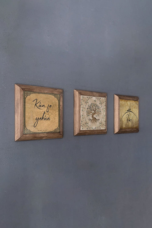 Solid (Wooden) Framed Set of 3 Stone Painting Panel 11" x 11" Kunfe Yekun Tree of Life