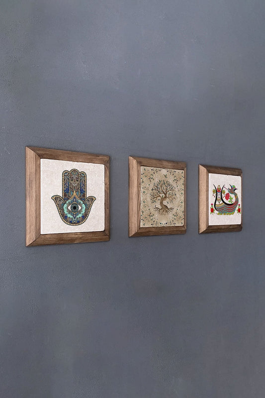 Solid (Wooden) Framed Set of 3 Stone Painting Panel 11" x 11" Fatma Mother Tree of Life