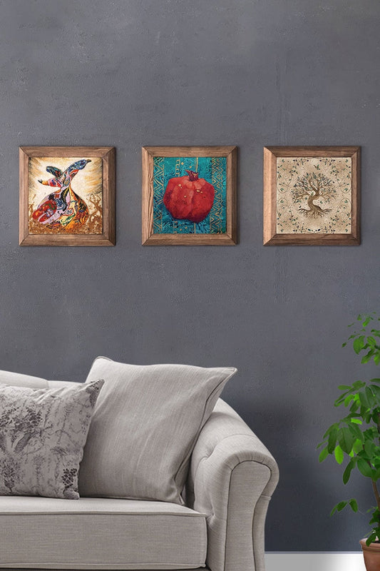 Solid (Wooden) Framed Set of 3 Stone Painting Panel 11" x 11" Pomegranate Tree of Life Whirling Dervish