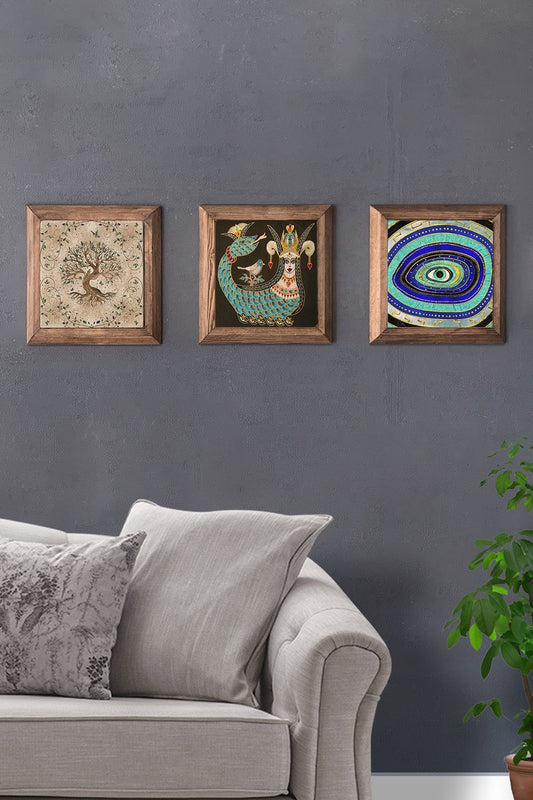 Solid (Wooden) Framed Set of 3 Stone Painting Panel 11" x 11" Tree of Life Shahmaran