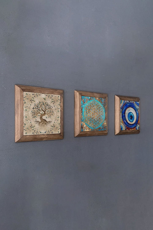 Solid (Wooden) Framed Set of 3 Stone Painting Panel 11" x 11" Tree of Life Evil Eye Bead