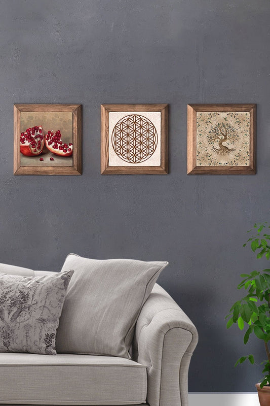 Solid (Wooden) Framed Set of 3 Stone Painting Panel 11" x 11" Tree of Life Flower of Life