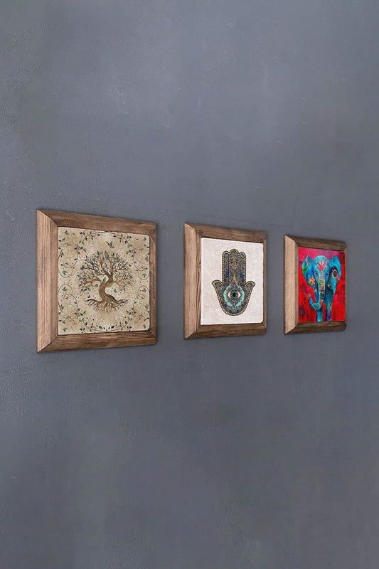 Solid (Wooden) Framed Set of 3 Stone Painting Panel 11" x 11" Tree of Life Fatma Mother Elephant