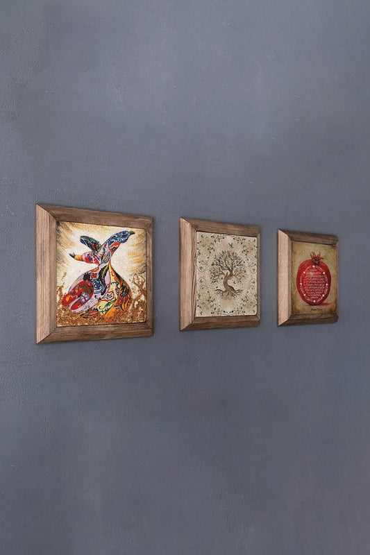 Solid (Wooden) Framed Set of 3 Stone Painting Panel 11" x 11" Pomegranate Tree of Life Whirling Dervish
