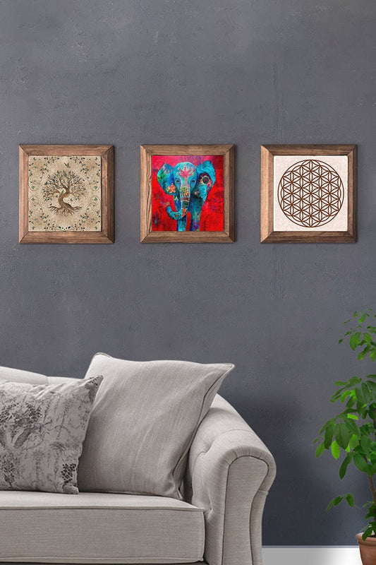 Solid (Wooden) Framed Set of 3 Stone Painting Panel 11" x 11" Elephant Tree of Life