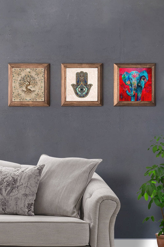 Solid (Wooden) Framed Set of 3 Stone Painting Panel 11" x 11" Tree of Life Fatma Mother Elephant