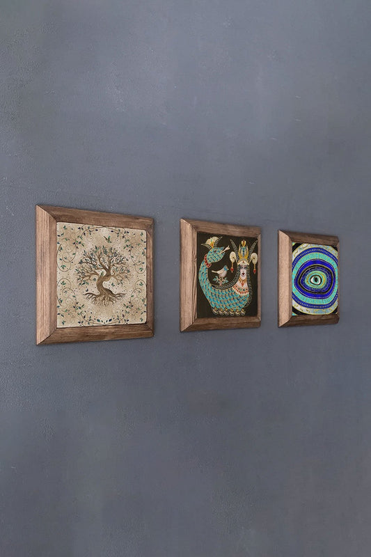 Solid (Wooden) Framed Set of 3 Stone Painting Panel 11" x 11" Tree of Life Shahmaran