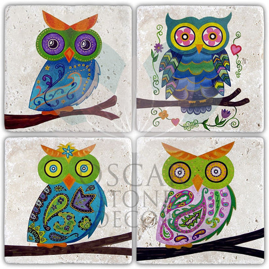 FAMOUS OWLS 4-Piece NATURAL STONE COASTERS / BA400 (COASTER)