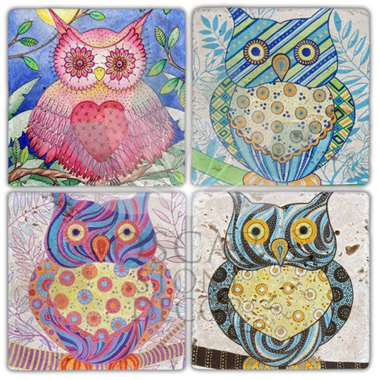 JOYY OWLS 4-Piece NATURAL STONE COASTERS / BA322 (COASTER)