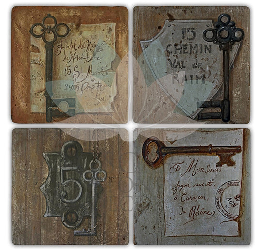 OLD KEYS. 4-Piece NATURAL STONE COASTERS / BA132 (COASTER)
