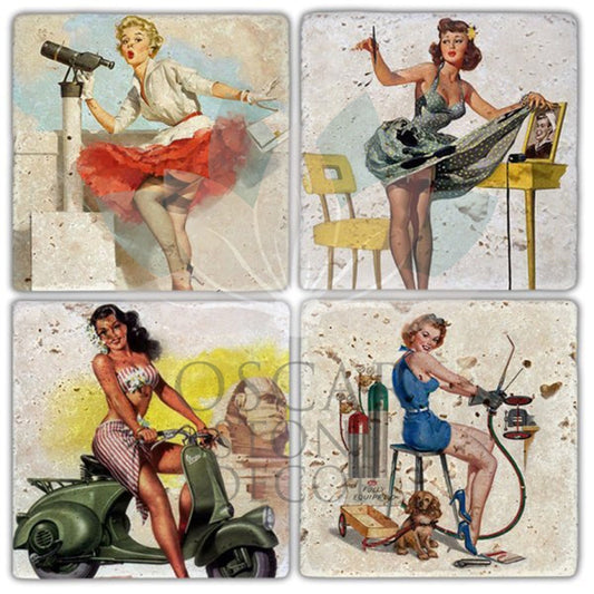 PIN UP GIRLS 4-Piece NATURAL STONE COASTERS / BA326 (COASTER)