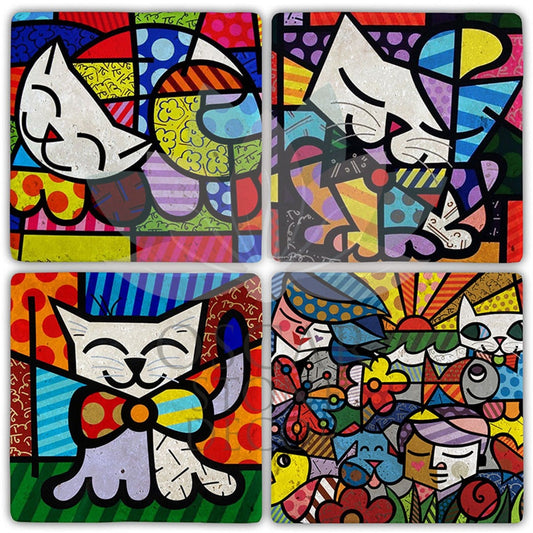 COLORFUL CATS 4-Piece NATURAL STONE COASTERS / BA347 (COASTER)