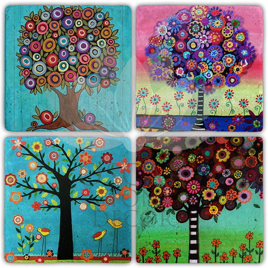 COLORED TREES 4-Piece NATURAL STONE COASTERS / BA379 (COASTER)