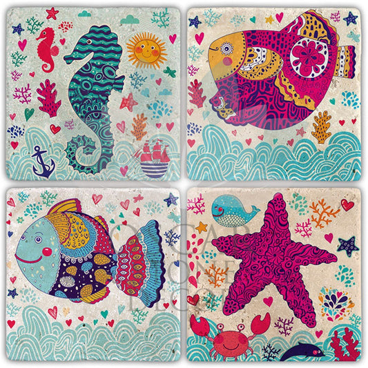 SEA ANIMALS SET 4 PACK NATURAL STONE COASTERS / BA440 (COASTER)