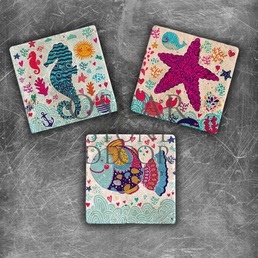 SEA ANIMALS SET NATURAL STONE MAGNET SET / MG-130