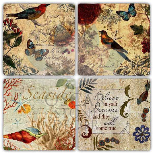 SEA SIDE 4-Piece NATURAL STONE COASTERS / BA273 (COASTER)