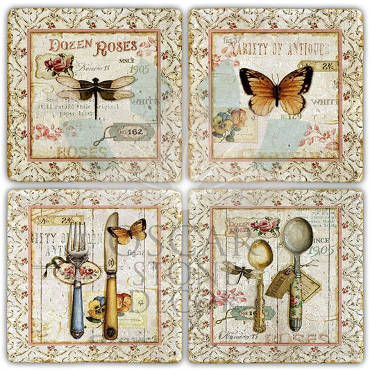 SOFT VINTAGE 4-Piece NATURAL STONE COASTERS / BA346 (COASTER)