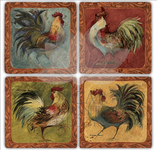 ORNAMENTAL ROOSTER 4-Piece NATURAL STONE COASTERS / BA197 (COASTER)