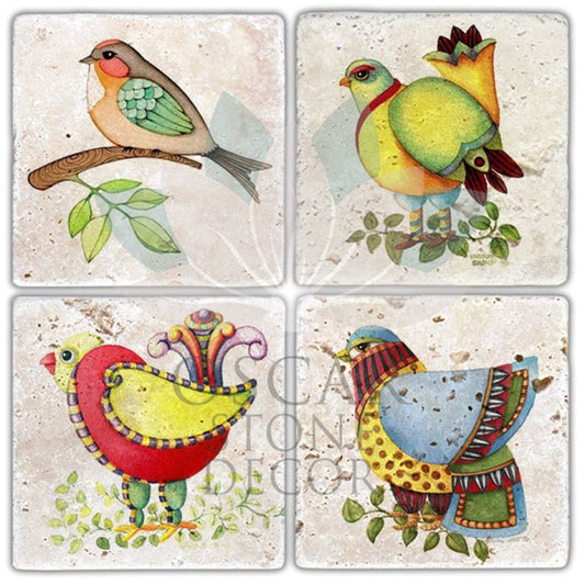 ORNAMENTAL BIRDS 4-Piece NATURAL STONE COASTERS / BA331 (COASTER)
