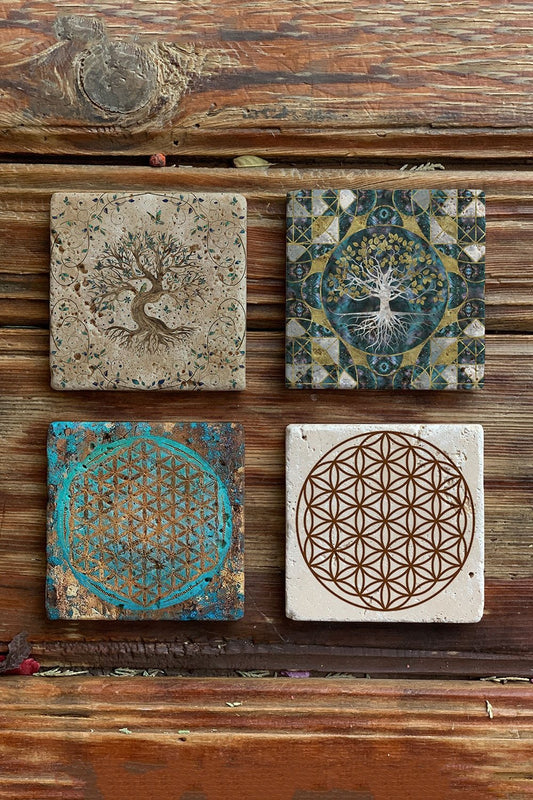 Stone Coasters Stone Coasters - Set of 4 Tree of Life and Flower of Life