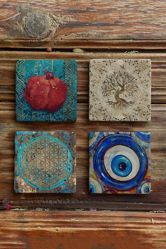 Stone Coasters - Set of 4 Tree of Life Pomegranate Flower of Life
