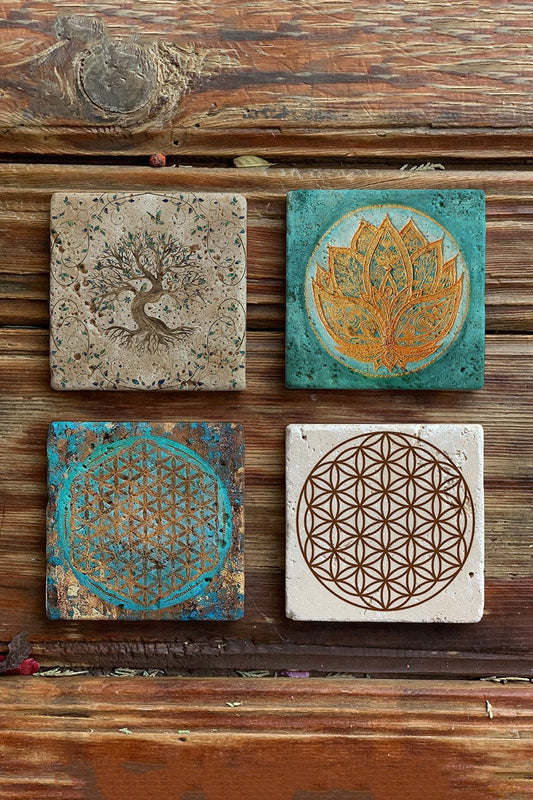 Stone Coasters Stone Coasters - Set of 4 Flower of Life Tree of Life Set