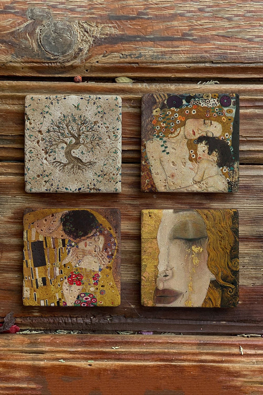 Stone Coasters - Set of 4 Gustav Klimt Paintings and Tree of Life
