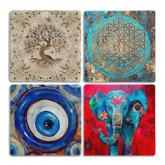 Stone Coasters Stone Coasters - Set of 4 Tree of Life Elephant Flower of Life