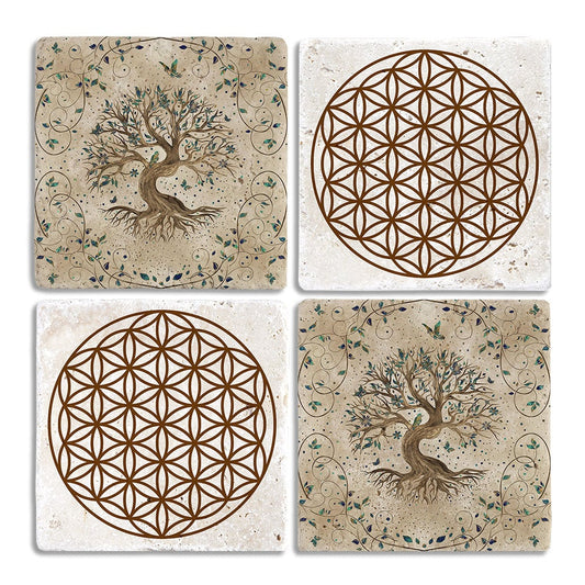 Stone Coasters Stone Coasters - Set of 4 Tree of Life Flower of Life Set
