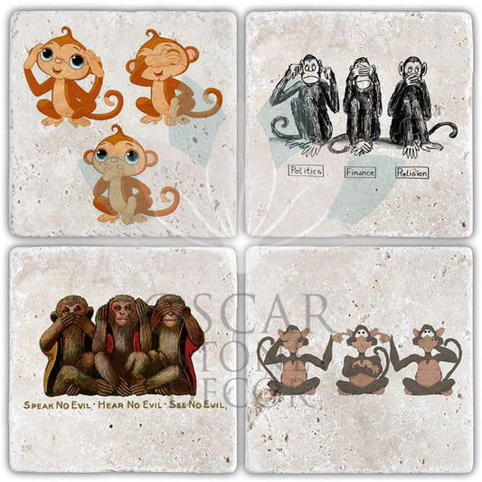 THREE MONKEYS 4-Piece NATURAL STONE COASTERS / BA390 (COASTER)