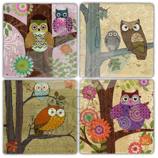 AWAKE OWLS 4-Piece NATURAL STONE COASTERS / BA231 (COASTER)