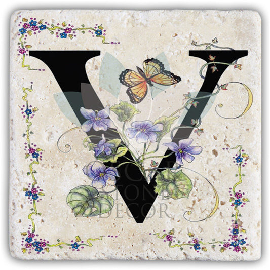 LETTER V SINGLE NATURAL STONE COASTER / BA-V3 (COASTER)
