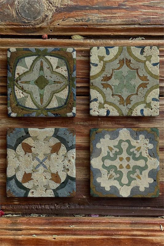 Printed Natural Stone Coasters Set of 4 Pattern Tile - COASTER SET