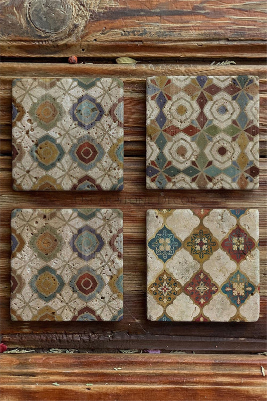 Printed Natural Stone Coasters Set of 4 Pattern Tile - COASTER SET