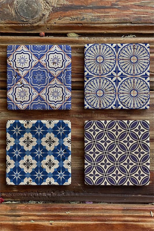 Printed Natural Stone Coasters Set of 4 Pattern Tile - COASTER SET