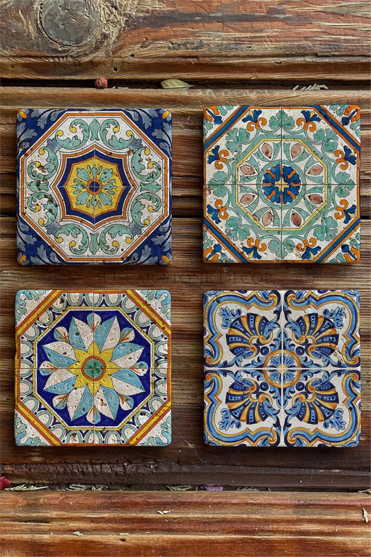 Printed Natural Stone Coasters Set of 4 Pattern Tile - COASTER SET