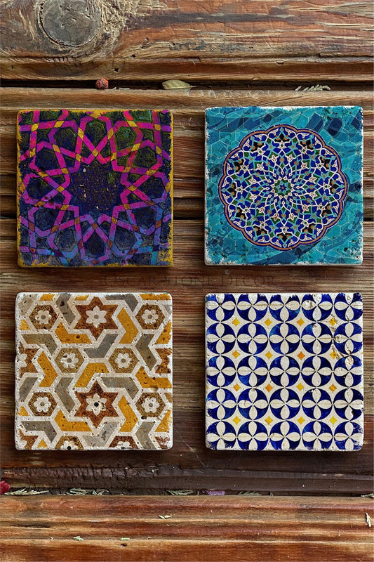Printed Natural Stone Coasters Set of 4 Pattern Tile - COASTER SET
