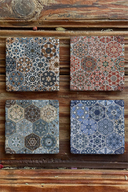 Printed Natural Stone Coasters Set of 4 Pattern Tile - COASTER SET