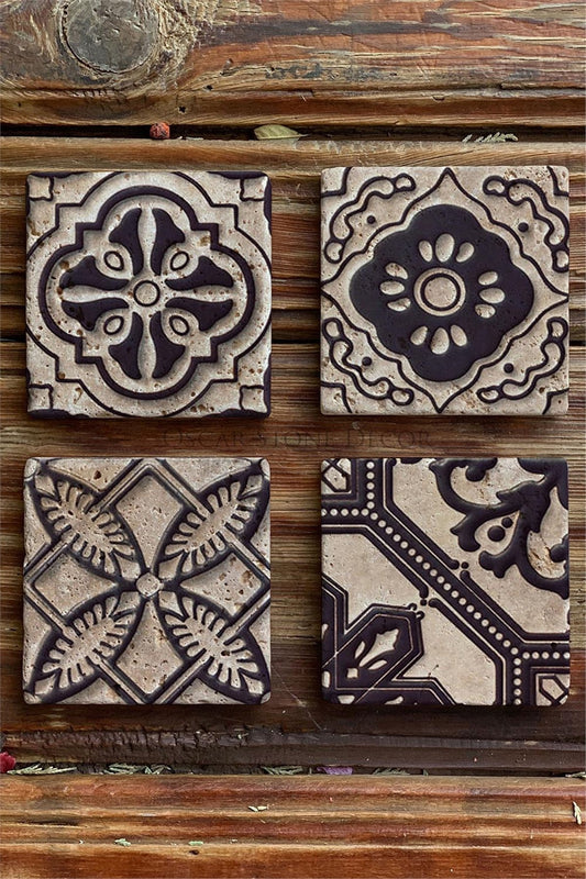 Printed Natural Stone Coasters Set of 4 Pattern Tile - COASTER SET