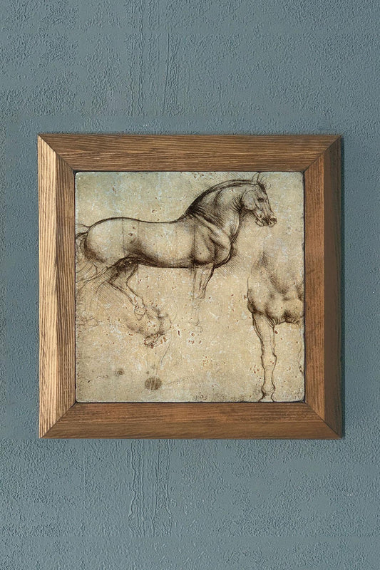 DA VINCI HORSE Solid Framed Stone Painting-Wall Decor- 11" x 11"