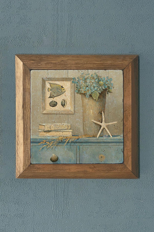 MARINE THEME-Solid Framed Stone Painting-Wall Decor- 11" x 11"