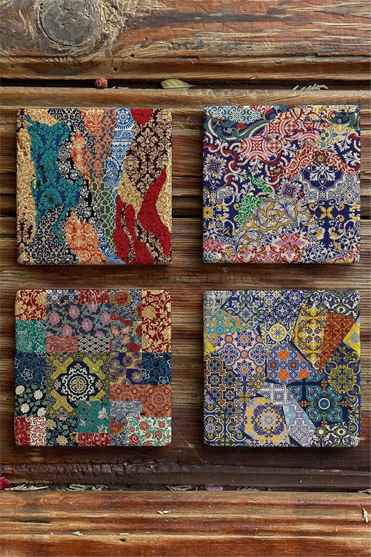 Pattern Printed Natural Stone Coasters Set of 4 Tile - COASTER SET