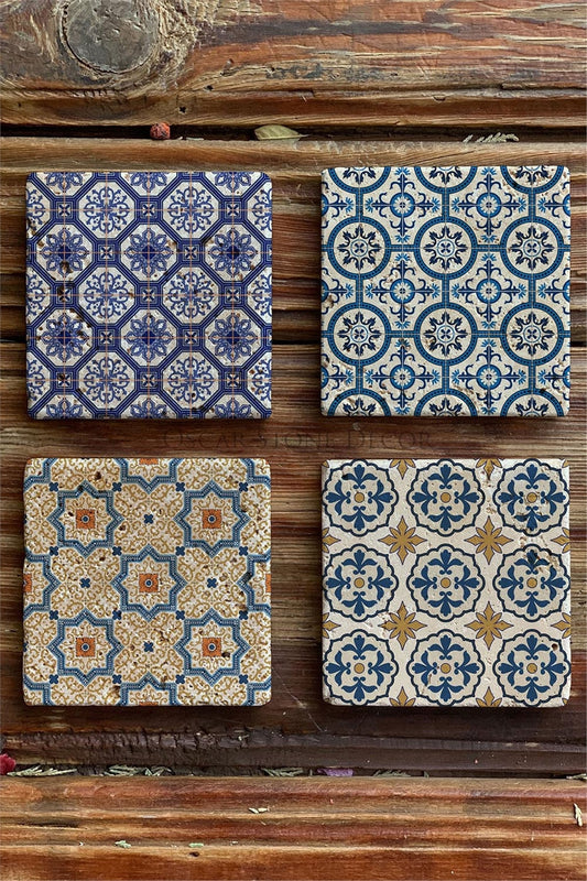 Pattern Printed Natural Stone Coasters Set of 4 Tile - COASTER SET