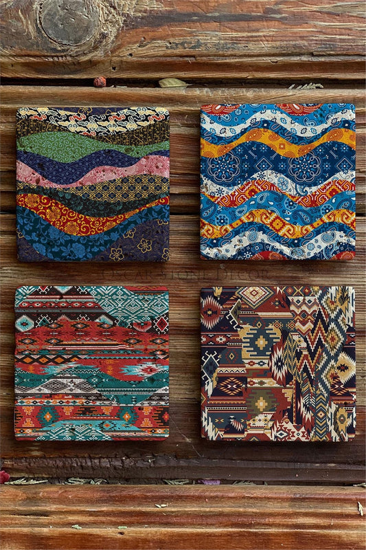 Pattern Printed Natural Stone Coasters Set of 4 Tile - COASTER SET