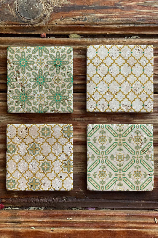 Pattern Printed Natural Stone Coasters Set of 4 Tile - COASTER SET