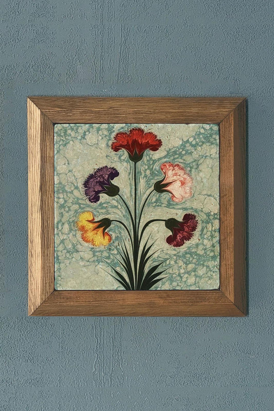 MARBLED FLOWER WORK-Solid Framed Stone Painting-Wall Decor- 11" x 11"