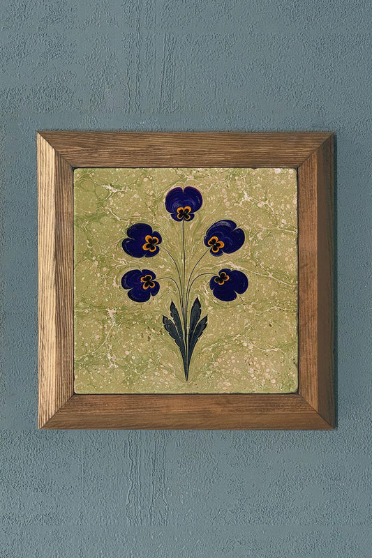 MARBLED FLOWER PATTERN WOODEN Framed Stone Painting-Wall Decor- 11" x 11"