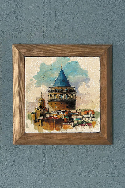 GALATA TOWER Solid Framed Stone Painting-Wall Decor- 11" x 11"