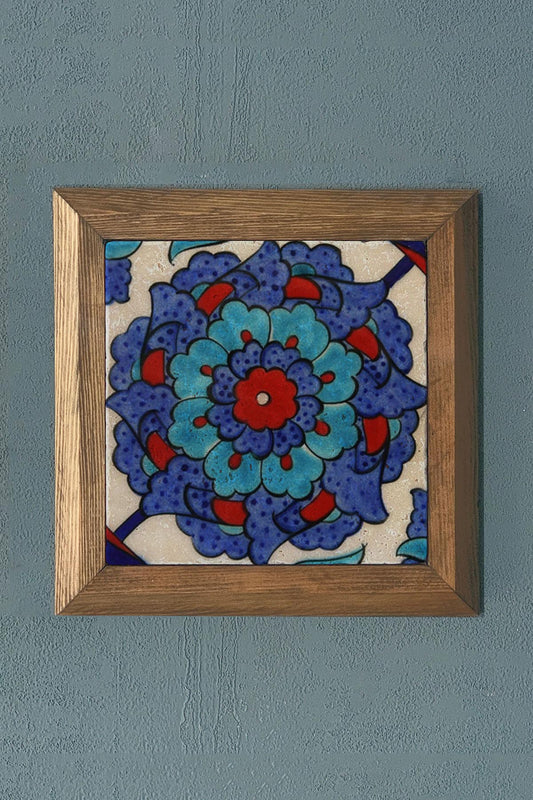 IZNIK TILE PATTERNED WOODEN Framed Stone Painting-Wall Decor- 11" x 11"